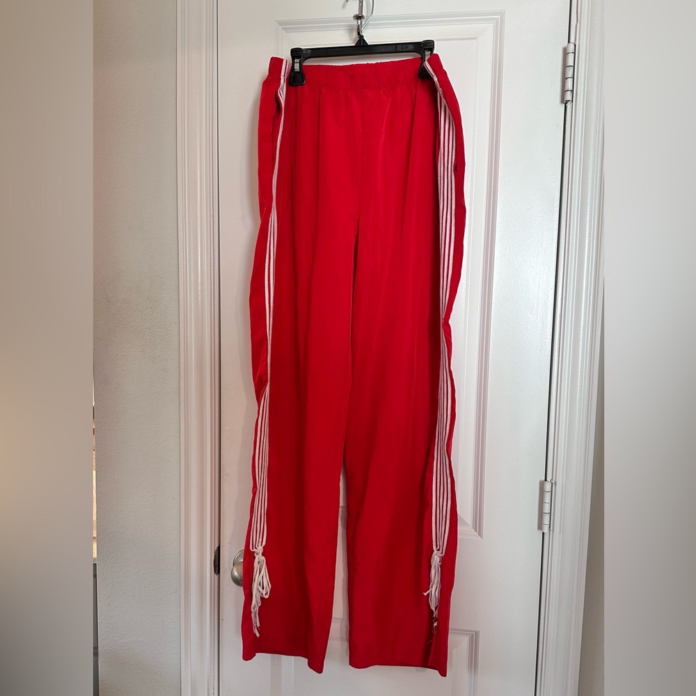 Red Women's Track Pants with White Side Stripes and bows